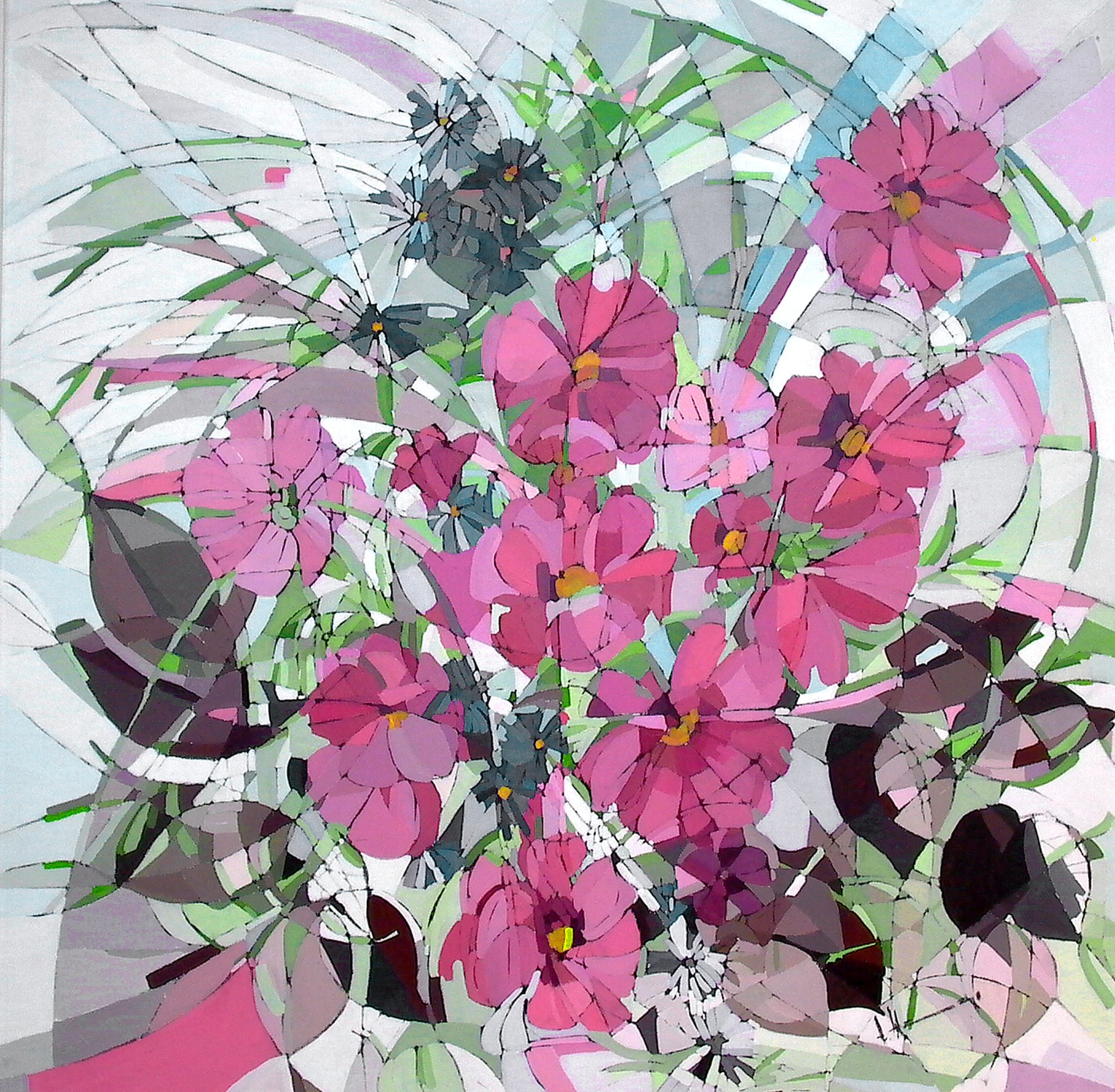 Detail: Cosmea Flowers, 1989 — Pink cosmea flowers overlap angular planes of green foliage, violet and white.